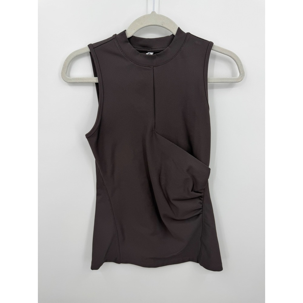 Athleta Bayview Tank Top XS Brown Ribbed Ruched Mock Neck Powervita Sleeveless